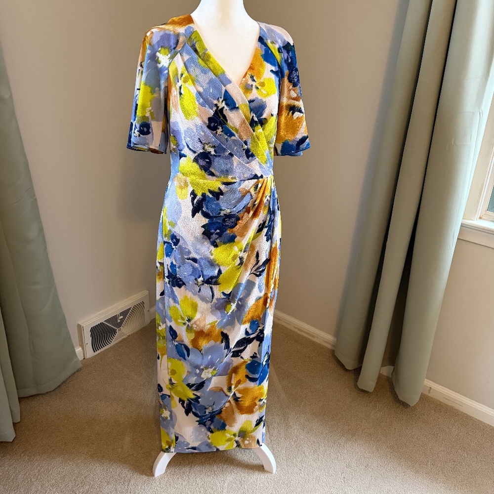 Maggy London Faux Wrap Floral Midi Dress, size 4